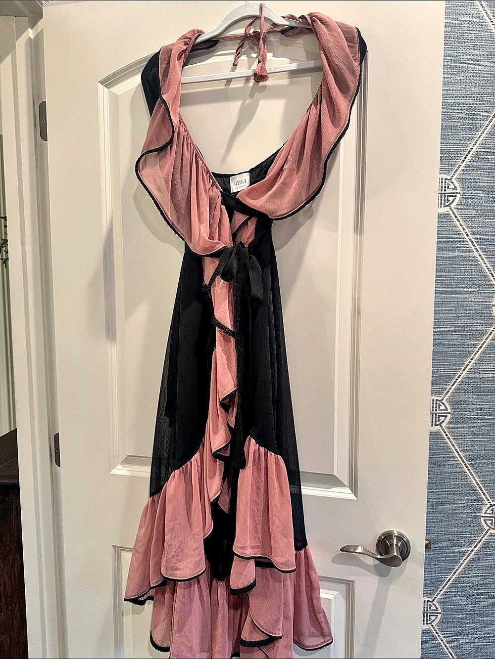 MISA Women's Ruffle Maxi Dress in Black & Pink Size Medium